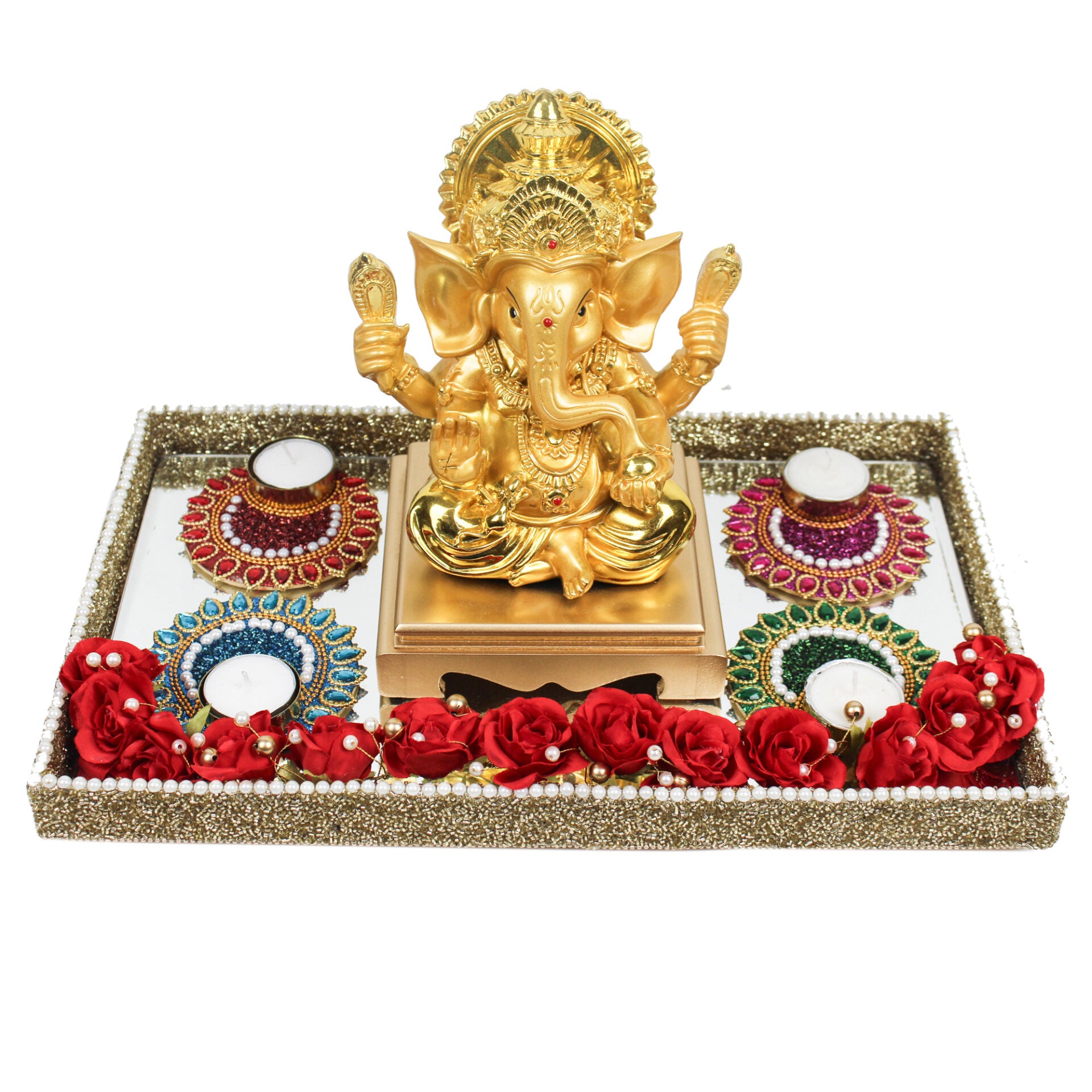 Lord Ganesha with Set of 4 Peacock Design T-lights & Flowers Hamper for Diwali Gifts
